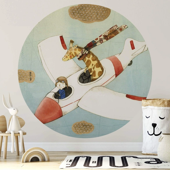 Vliestapete »Runde Vliestapete«, Loske Flugzeug Giraffe Kinder, mehrfarbig, matt