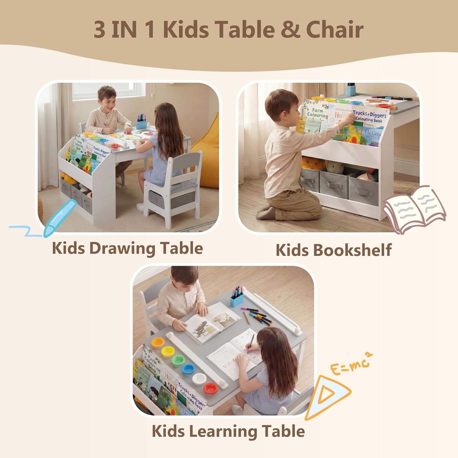 Kinder King Kids Art Table & 2 Chair Set, Wood Toddler Activity Table w/Paper Roll, Bookshelves & Storage Drawers for Kid Drawing, Studying, Playing, Kids Table and Chairs for Playroom, Nursery, Grey
