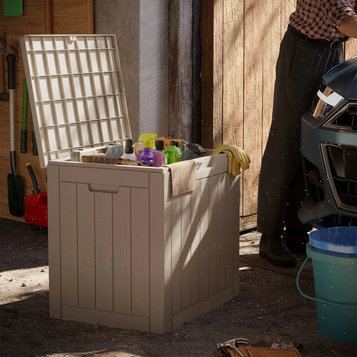 Furniwell 31 Gallon Resin Deck Box Patio Storage Box Waterproof Lockable Container - 32 Gallon