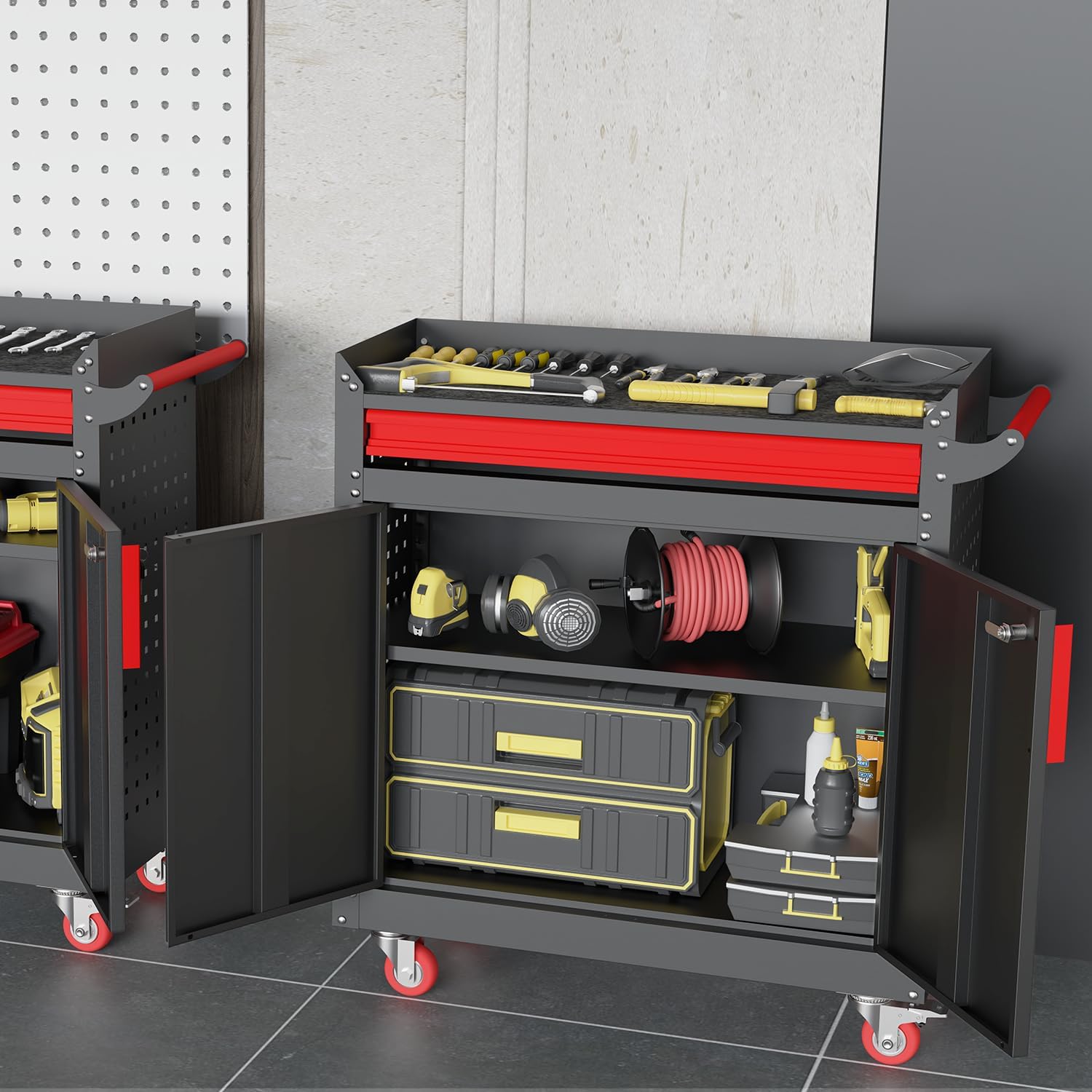 Kelueo Metal Garage Storage Cabinet with Wheels,Lockable Storage Cabinets with Adjustable Shelf,Steel Tool Locker with Pegboard and Handle for Garage,Warehouse