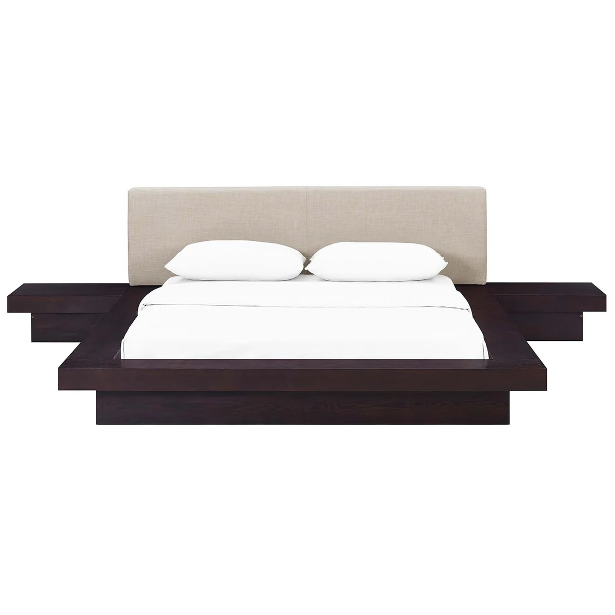 Halper Modern Queen Size Cappuccino Wooden Bed with Beige Fabric Upholstered Headboard and Two Nightstands