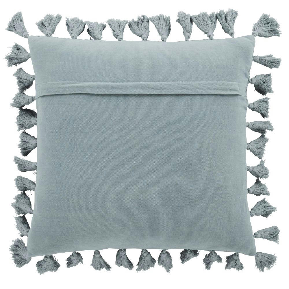 LIMANA - Coussin en coton bleu céladon avec pompons 50x50