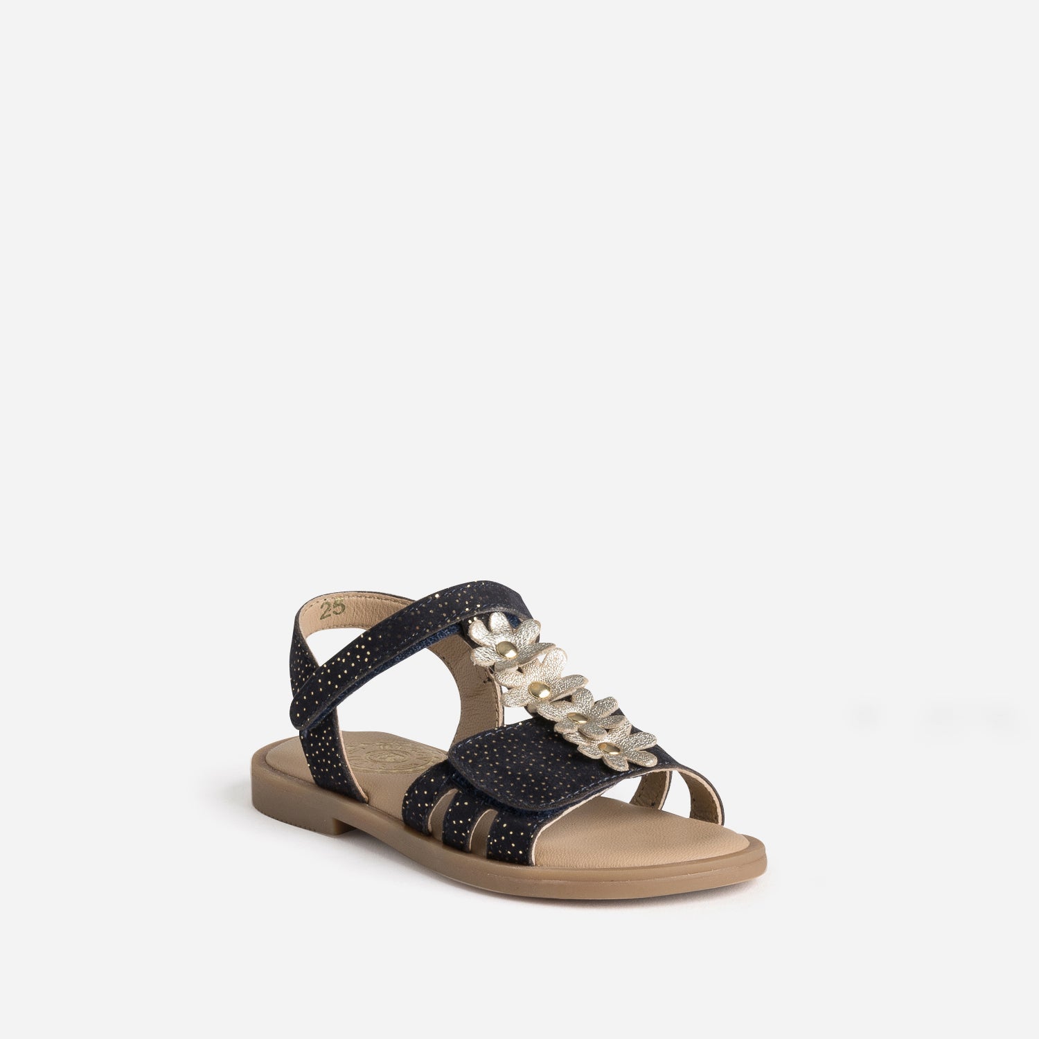Sandale marine cuir velours fleurs dorées
