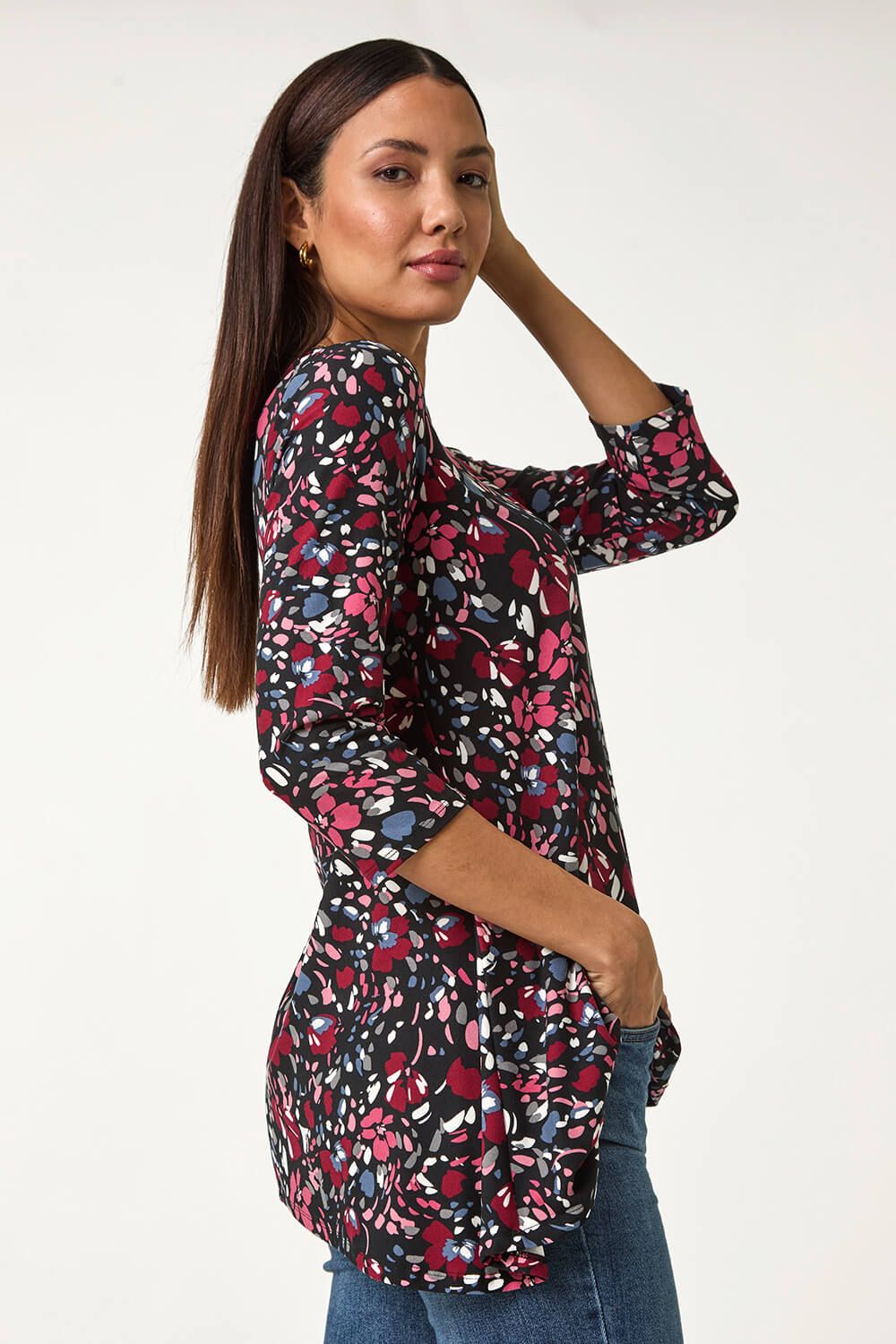 Roman Floral Print Swing Stretch Tunic Top