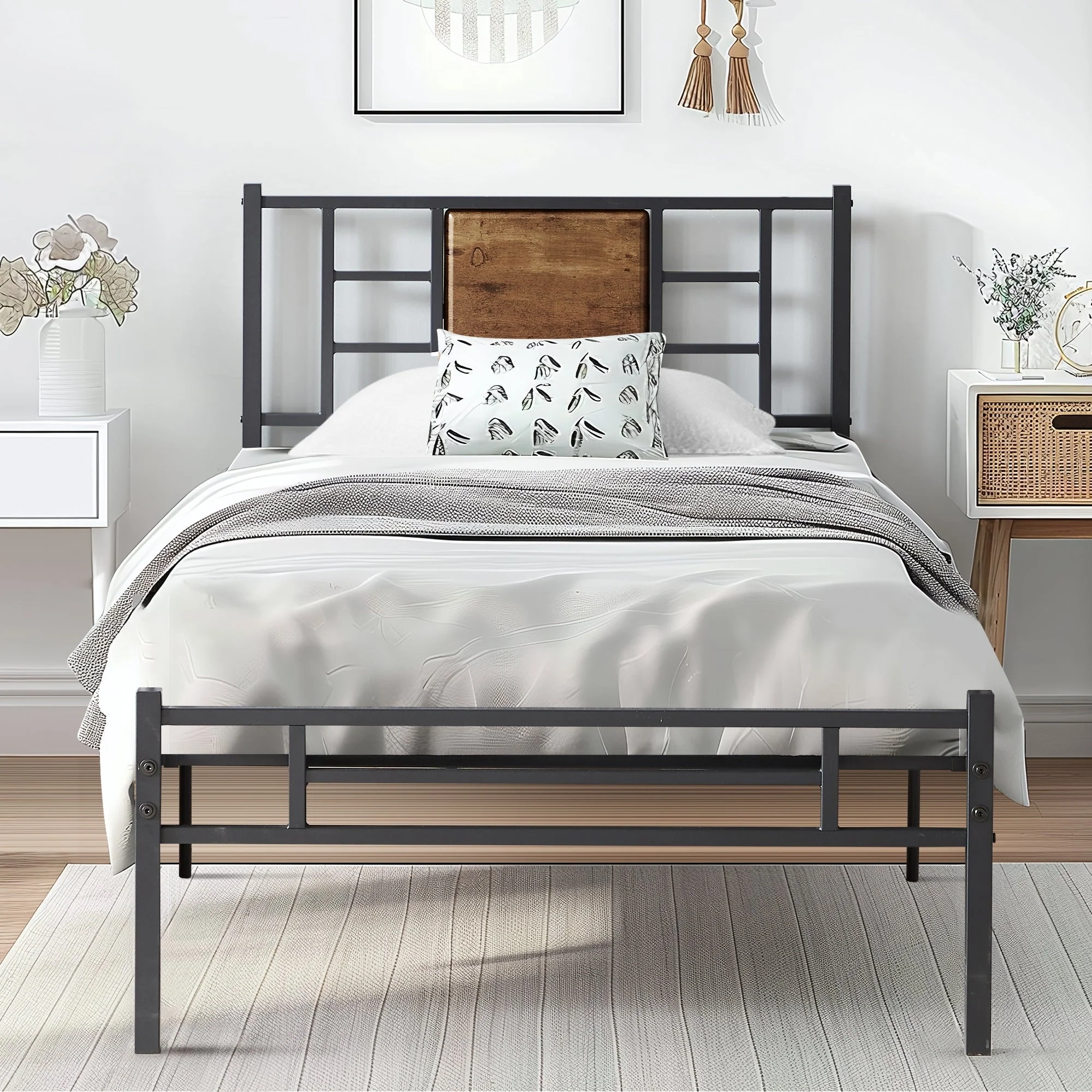 VECELO Wood Platform Kids Bed Frame with Headboard,Twin Size Bed Set of 2