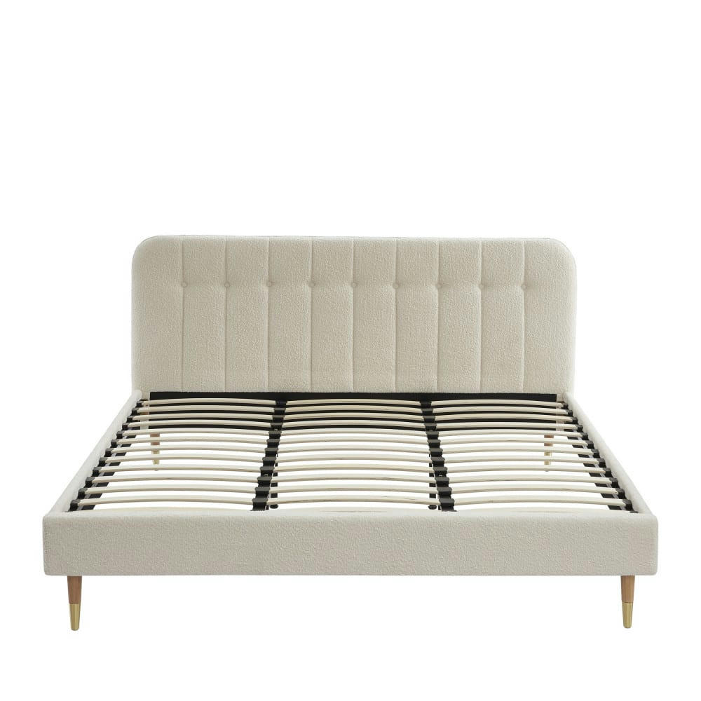 TORGO - Lit matelassé en tissu bouclette pieds bois clair 180x200cm ecru