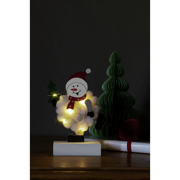 LED-Dekoration, Holzsilhouette Schneemann mit Baumwolle, Batteriebetrieb, weiß