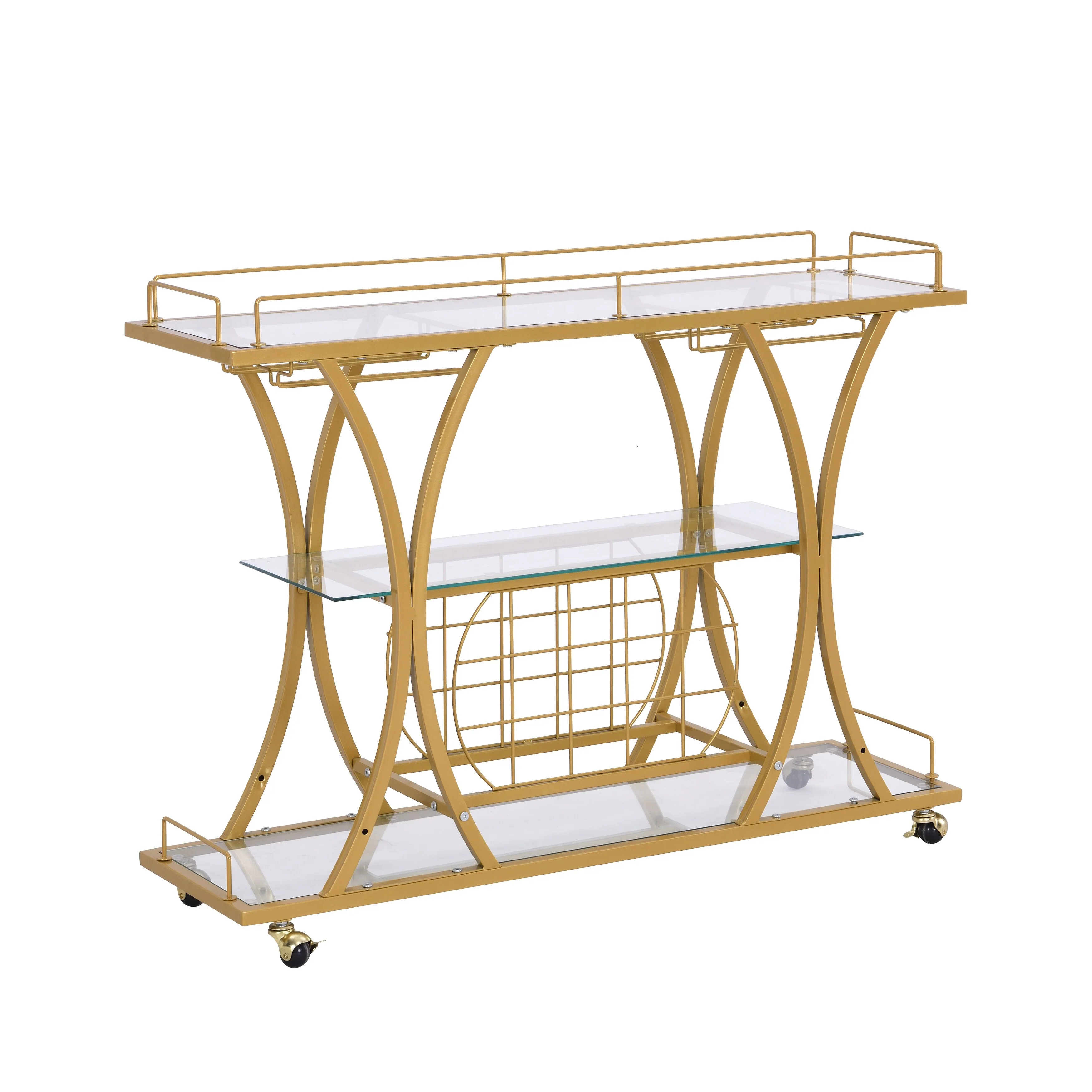 Golden Bar Cart With Wine Rack Tempered Glass Metal Frame Wine Storage(no include stool)
