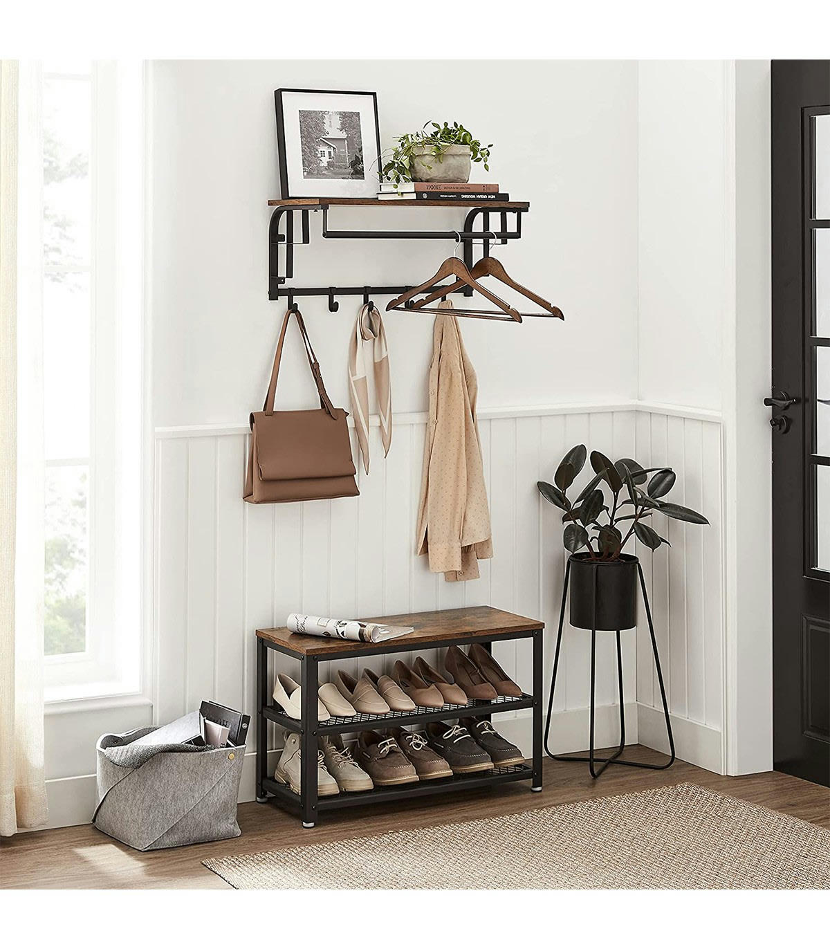 - Porte-manteau mural 5 crochets et tringle - L66 cm