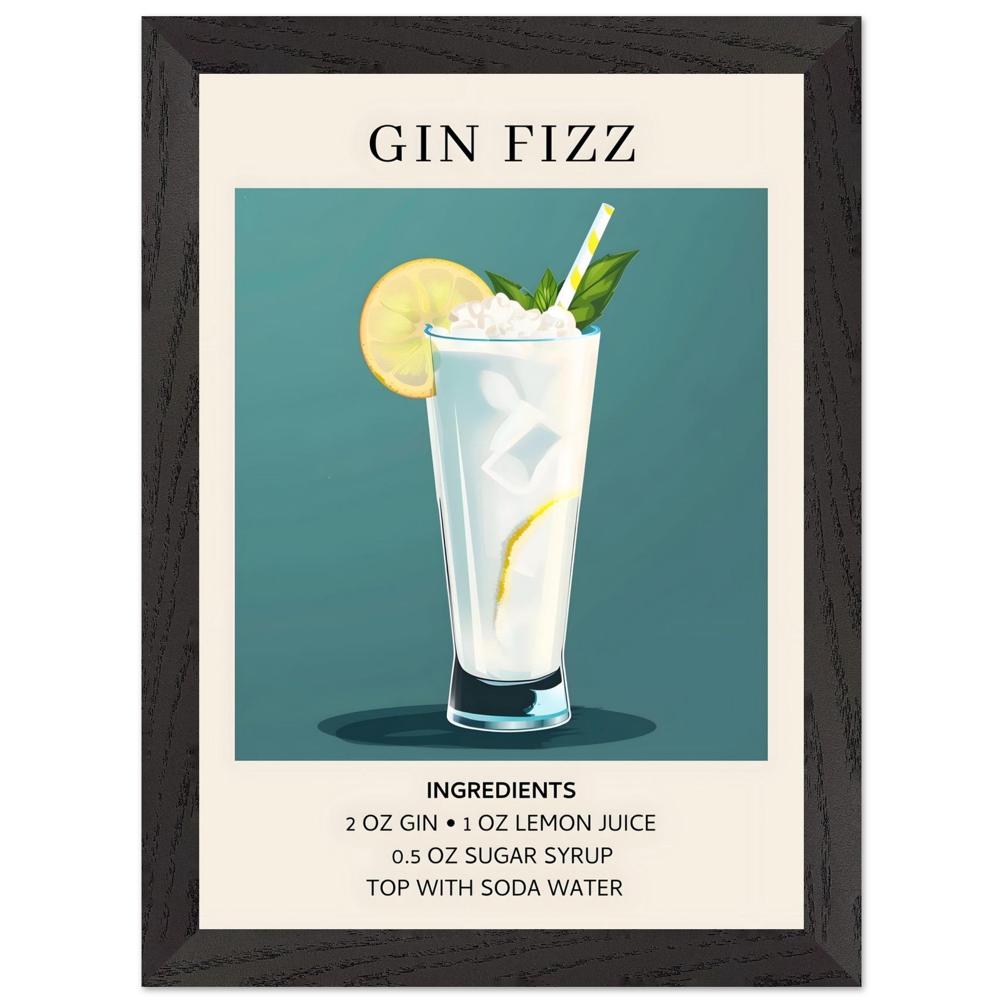 Artfulprints Poster met Lijst Gin Fizz cocktail - Ingrediënten  - A4 21x29.7 cm - Blauw
