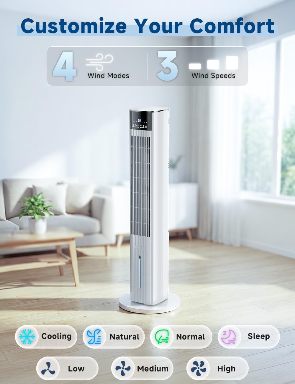 42 INCH Swamp Cooler Air Conditioner w/4 Mode & 3 Speed, 15H Timer, Aroma&Memory Function, Portable Air Conditioners No Windows Needed, 6 Ice Packs, 1.1-Gal Dual Tank Portable AC Unit for Room