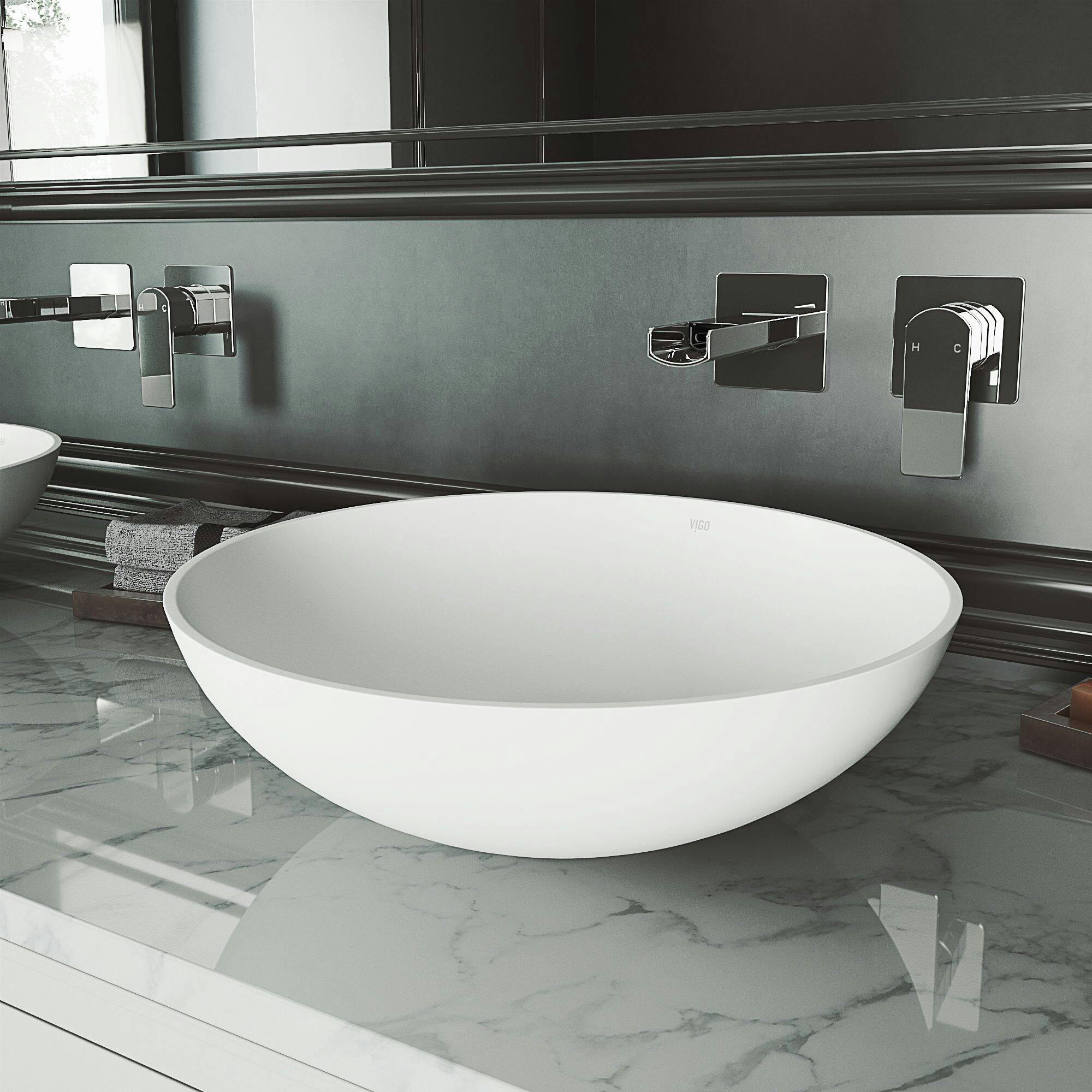VIGO Lotus Matte Stone™ Round Composite Vessel Bathroom Sink/Basin with Deep Bowl, White