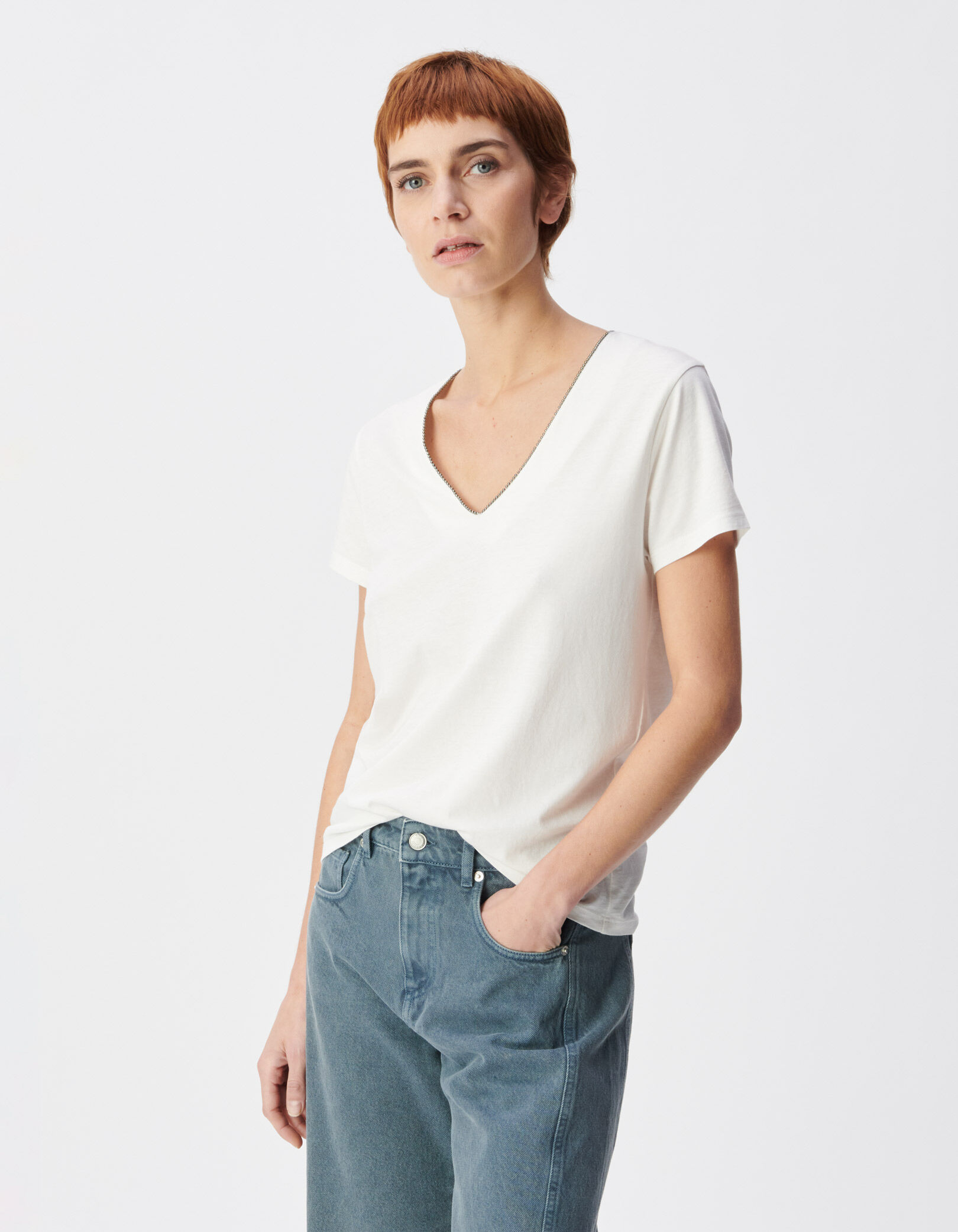 Tee-shirt blanc encolure V bijou Femme