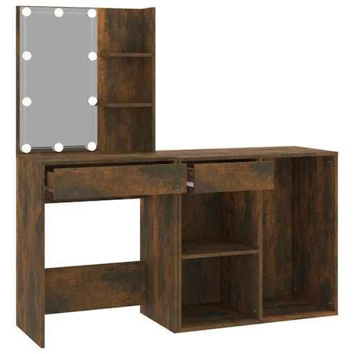 NNEVL LED Dressing Table with Cabinet Smoked Oak Engineered Wood