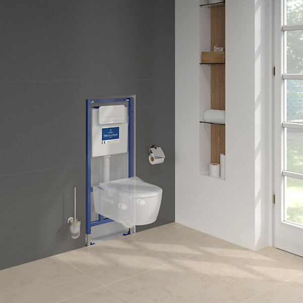 Pack WC sans bride VILLEROY ET BOCH Avento   Bâti support   abattant frein de chute   plaque blanche  Tabouret bois