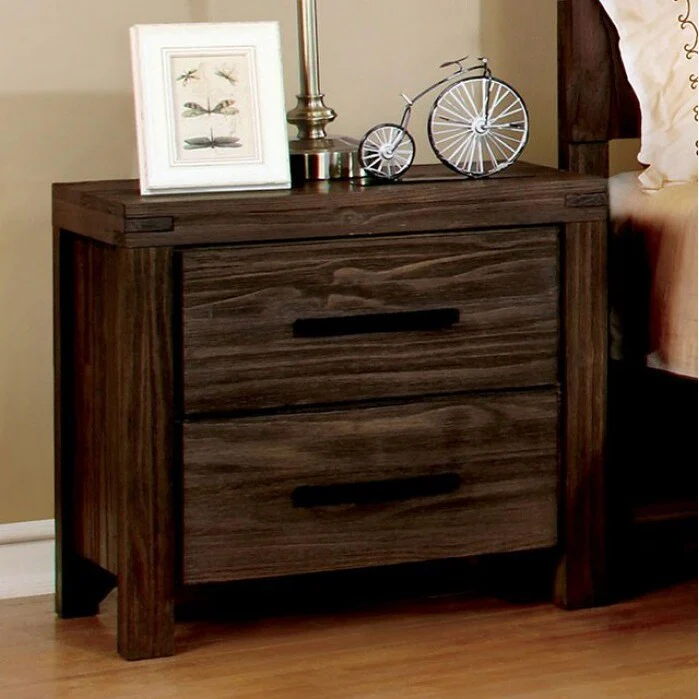 Rustic Style Wire-Brushed Rustic 1pc Nightstand Bedroom Furniture Solid wood 2-Drawers bedside Table Metal Bar Handles