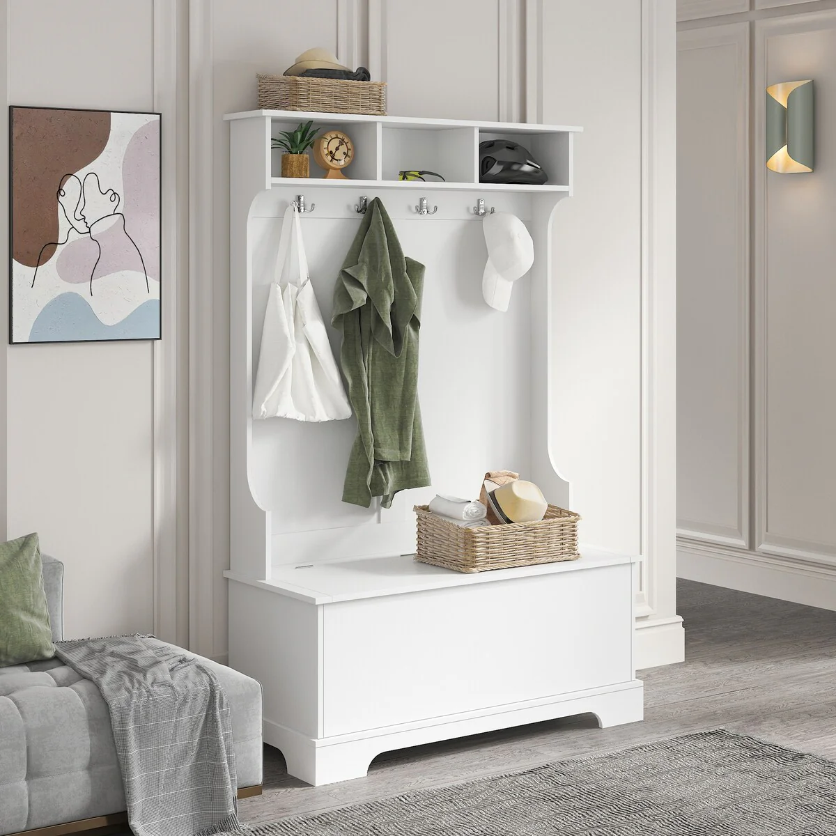 3-in-1 Entryway Hall Tree with 4 Hooks and Hinged Lid