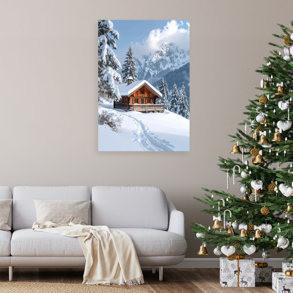 Obraz do salonu jadalni biura kuchni, Pejzaż zima górskie chaty las 20x30