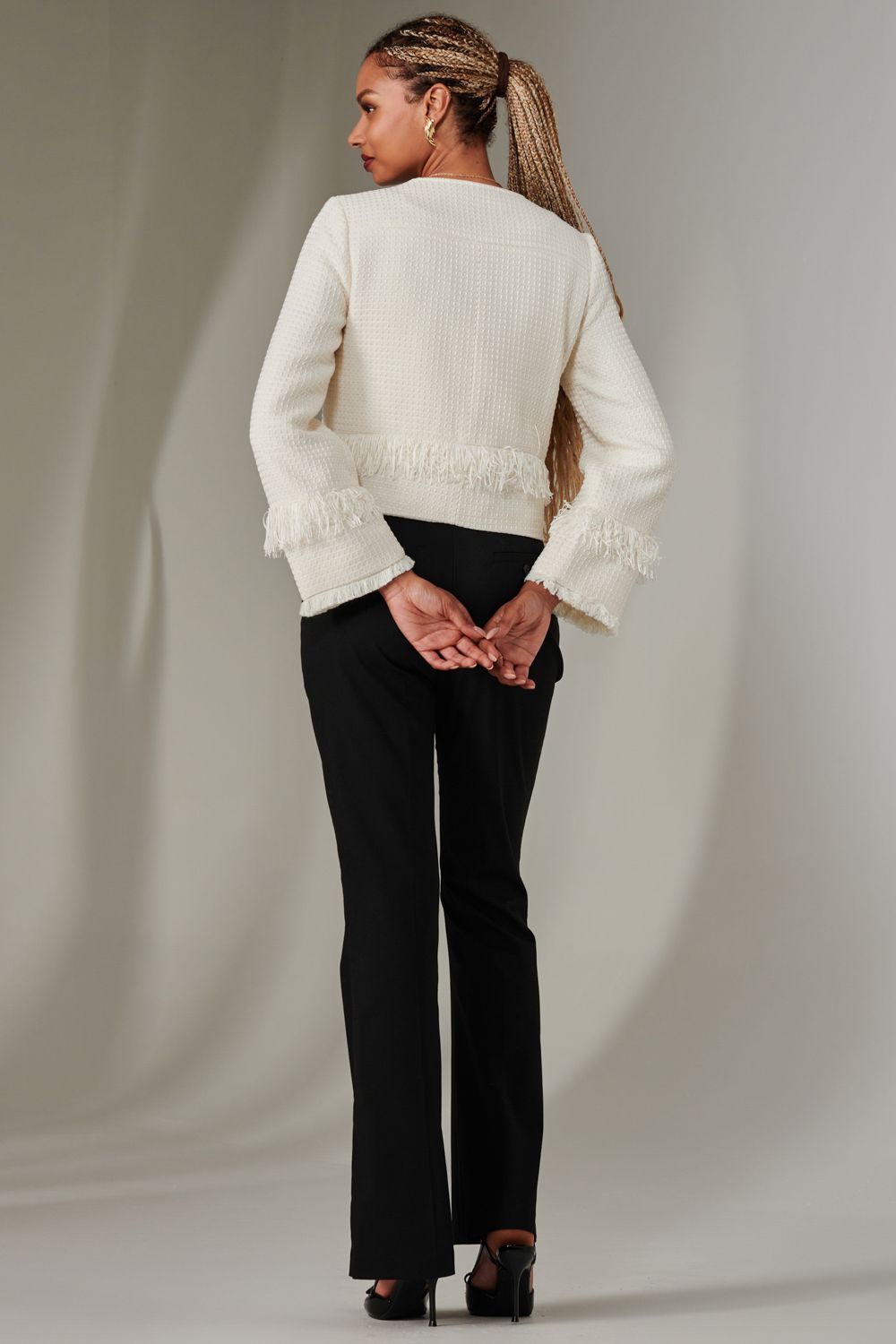 Jolie Moi Tweed Fringe Hem Jacket