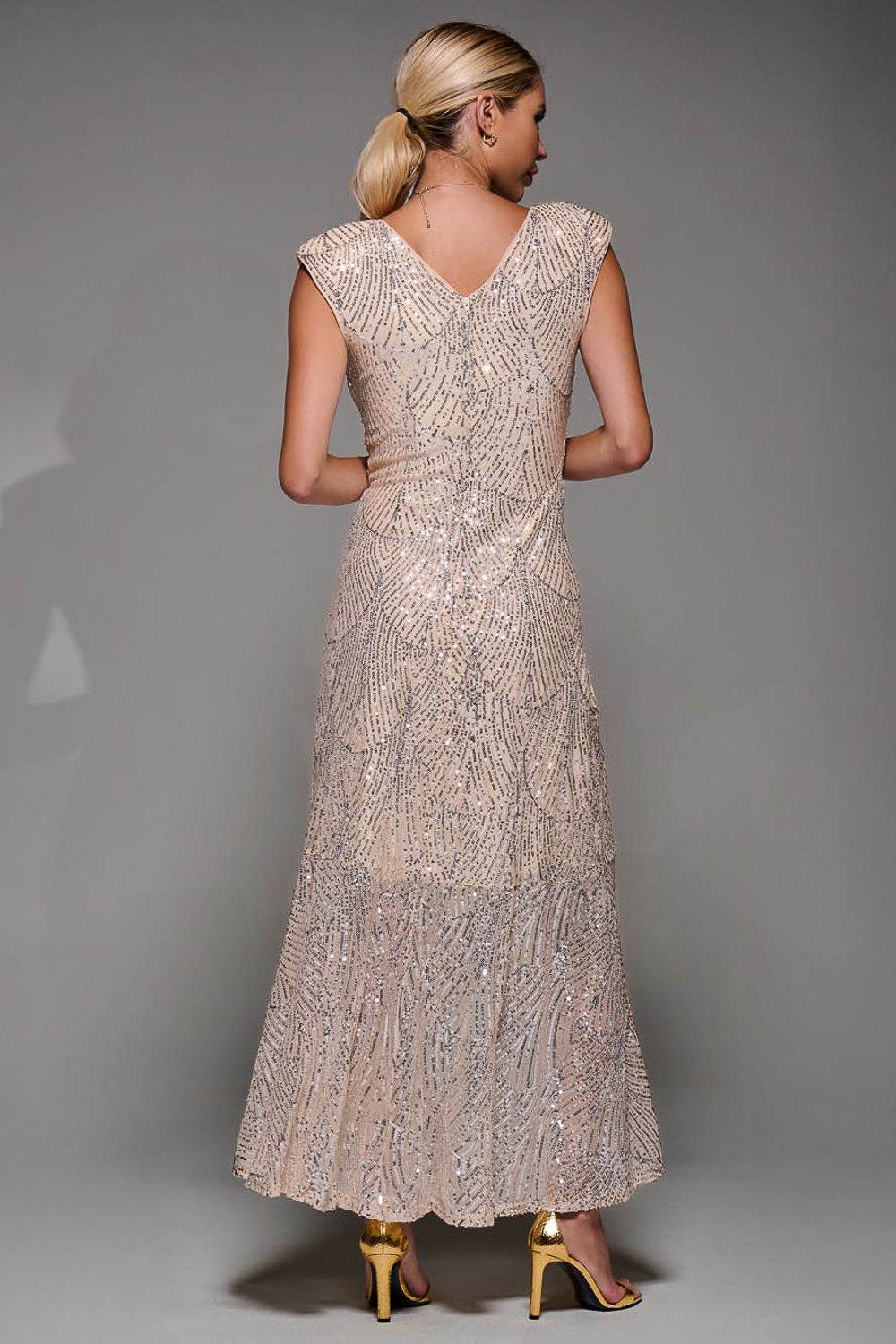 Jolie Moi Sequin Asymmetric Ruffle Hem Maxi Dress