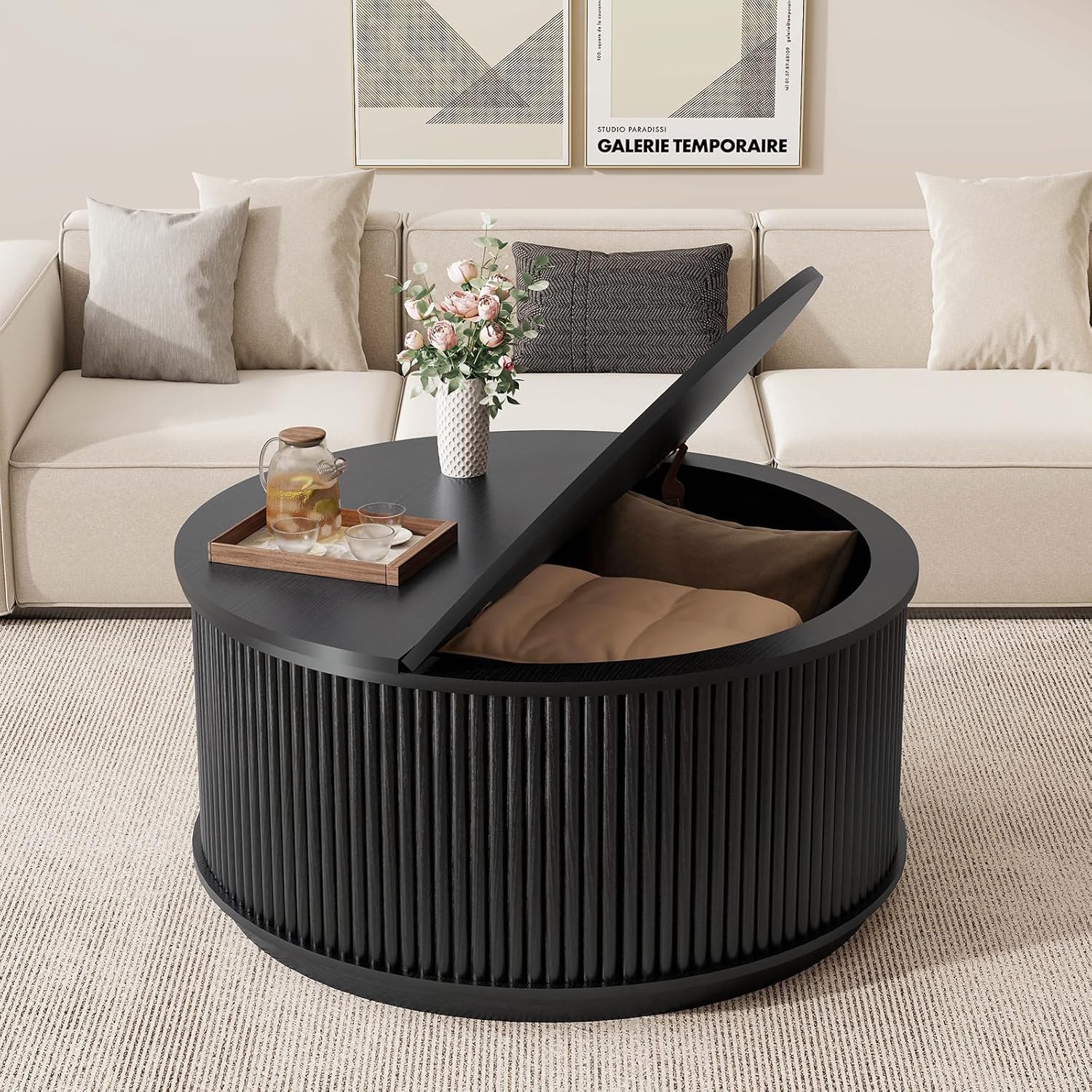 LYNCOHOME 31.5'' Fluted Flip Top Round Coffee Table with Storage, Drum Coffee Table, Modern Coffee Table for Living Room, Center Table for Living Room, Home Office, Black