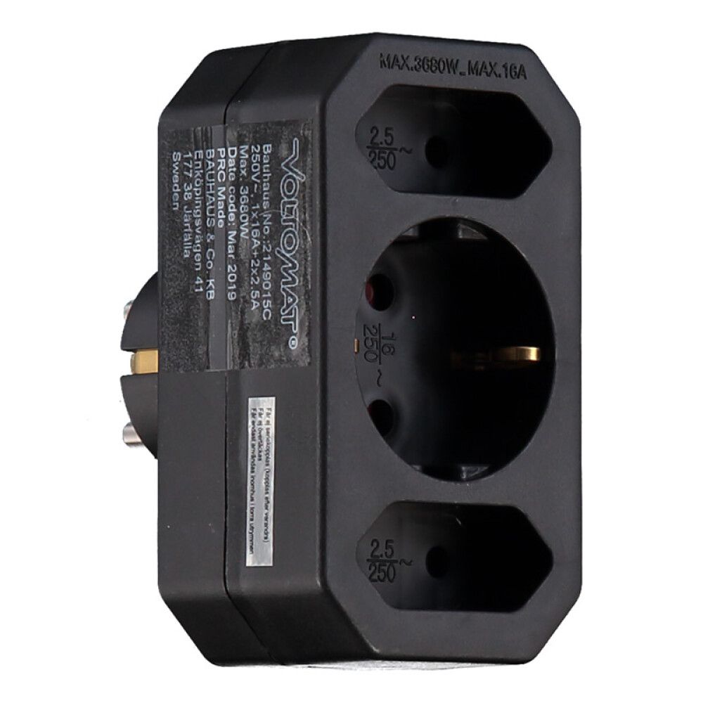 FORGRENINGSKONTAKT VOLTOMAT 2EU 1SCHUKO 250V SORT