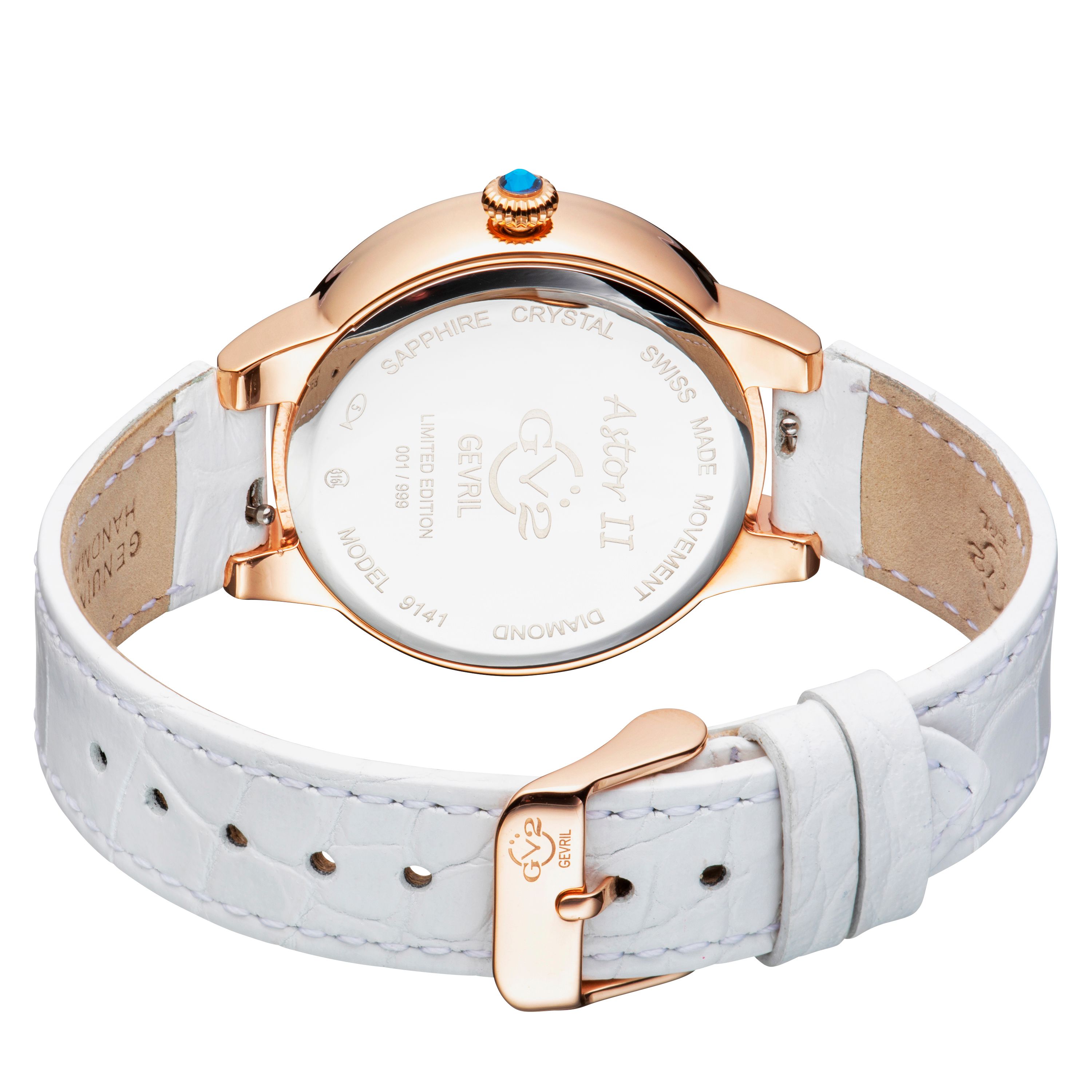 GV2 Astor II, Swiss Quartz Watch, MOP White Dial, Hand made Italian leather, and Sapphire Crystal
