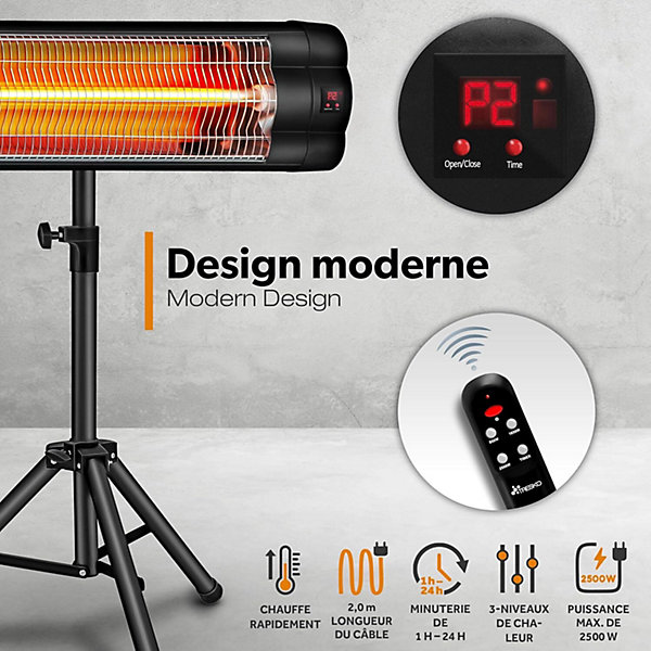 Chauffage Exterieur Infrarouge 2500W Telecommande Radiateur Rayonnant Electrique Terrasse 3 Niveaux de Chaleur Mural