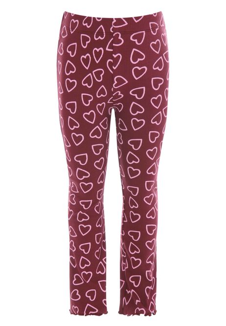 Younger Girls Burgundy Heart Print Bootcut Leggings