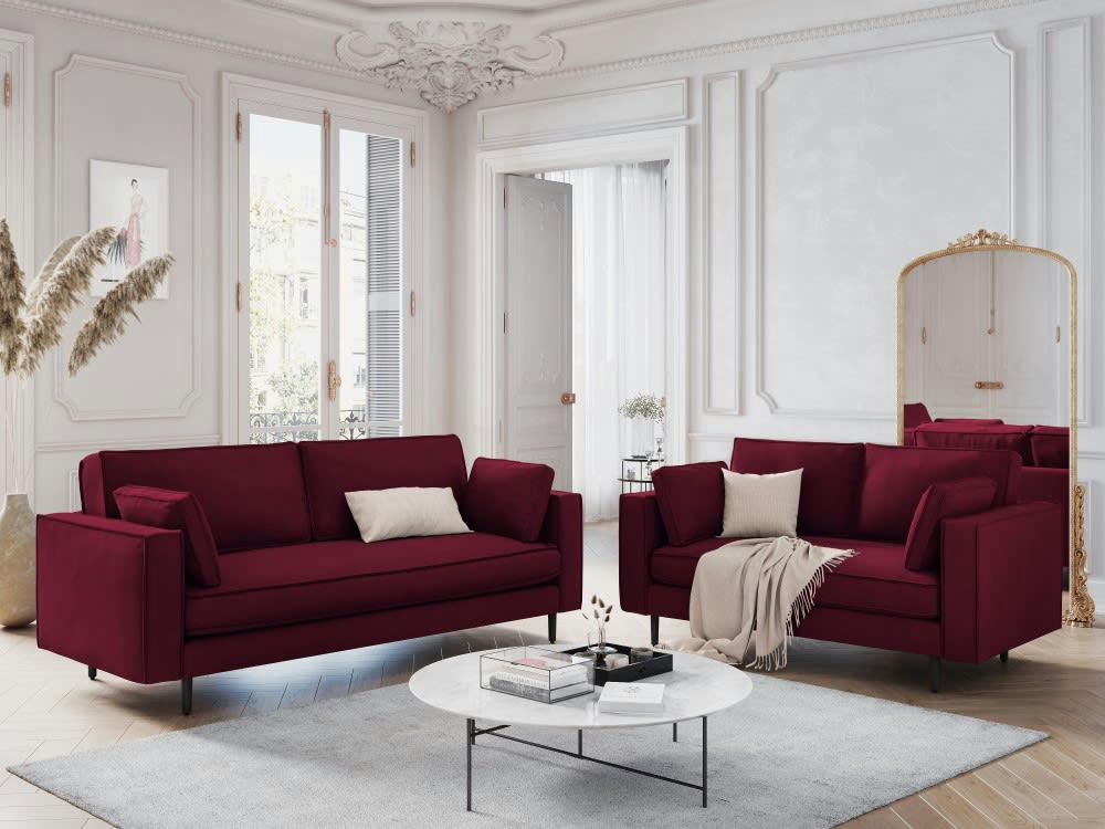 ALEXIS - Canapé 3 places en velours rouge foncé