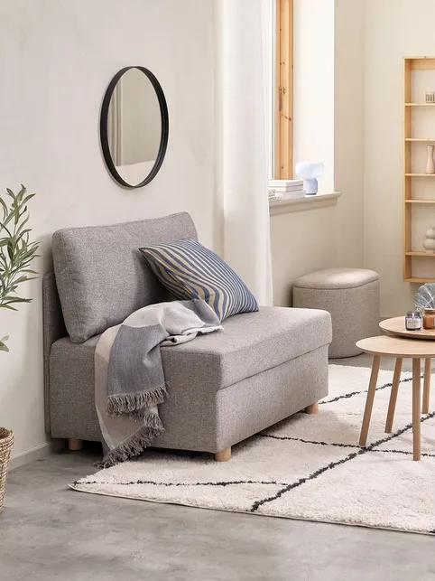 Sovesofa OLSTRUP 1.5-pers. gråt stof/egefarve