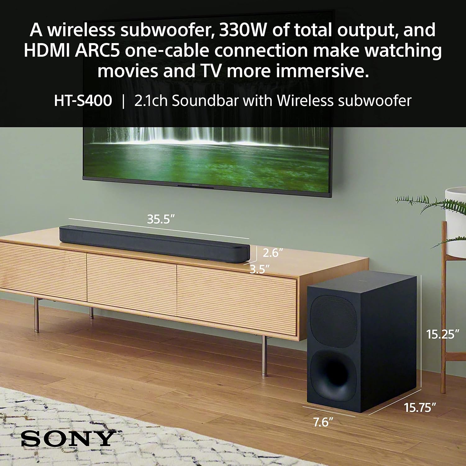 Sony HT-S400 2.1ch Soundbar with Powerful Wireless subwoofer  S-Force PRO Front Surround Sound  and Dolby Digital  Black