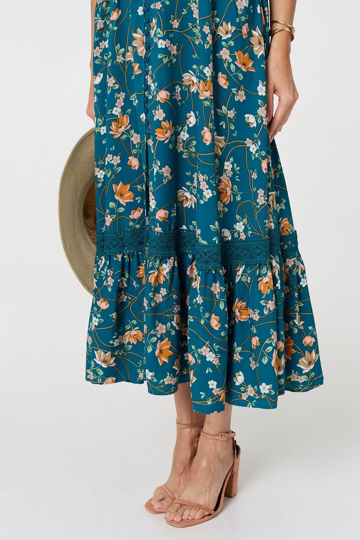Izabel London Floral Cap Sleeve Lace Trim Maxi Dress