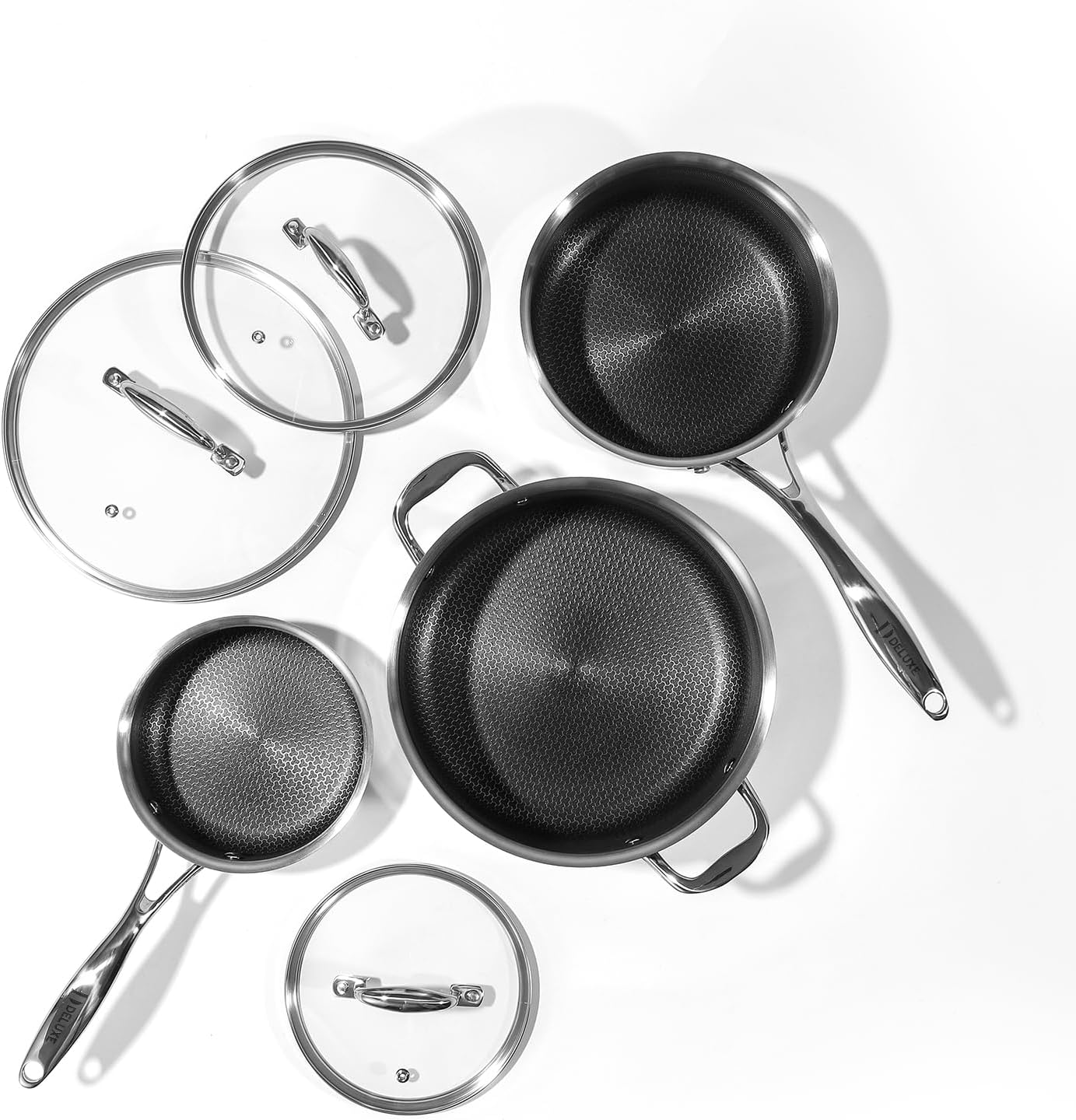 DELUXE Hybrid Ceramic Nonstick 6 PCS Pot Set, 1.3, 3&5.4-Quart Pot with Tempered Glass Lid, Stainless Steel Cookware Pots with Stay-Cool Handle, Dishwasher Safe, Compatible with All Cooktops