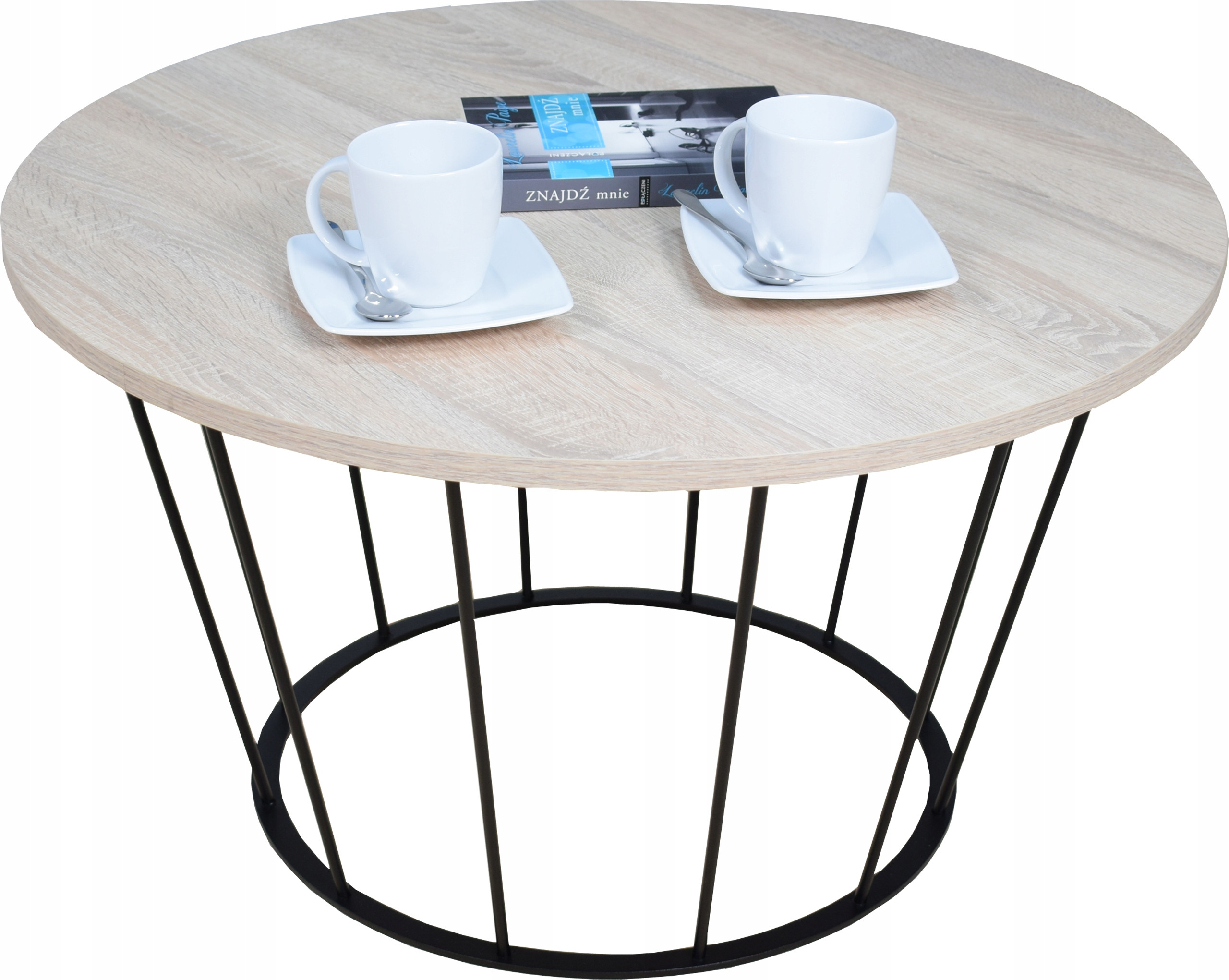 Okrągły Stoliczek Kawowy Z Drutu Loft 75x75x43 Czarny Blat Dąb Sonoma