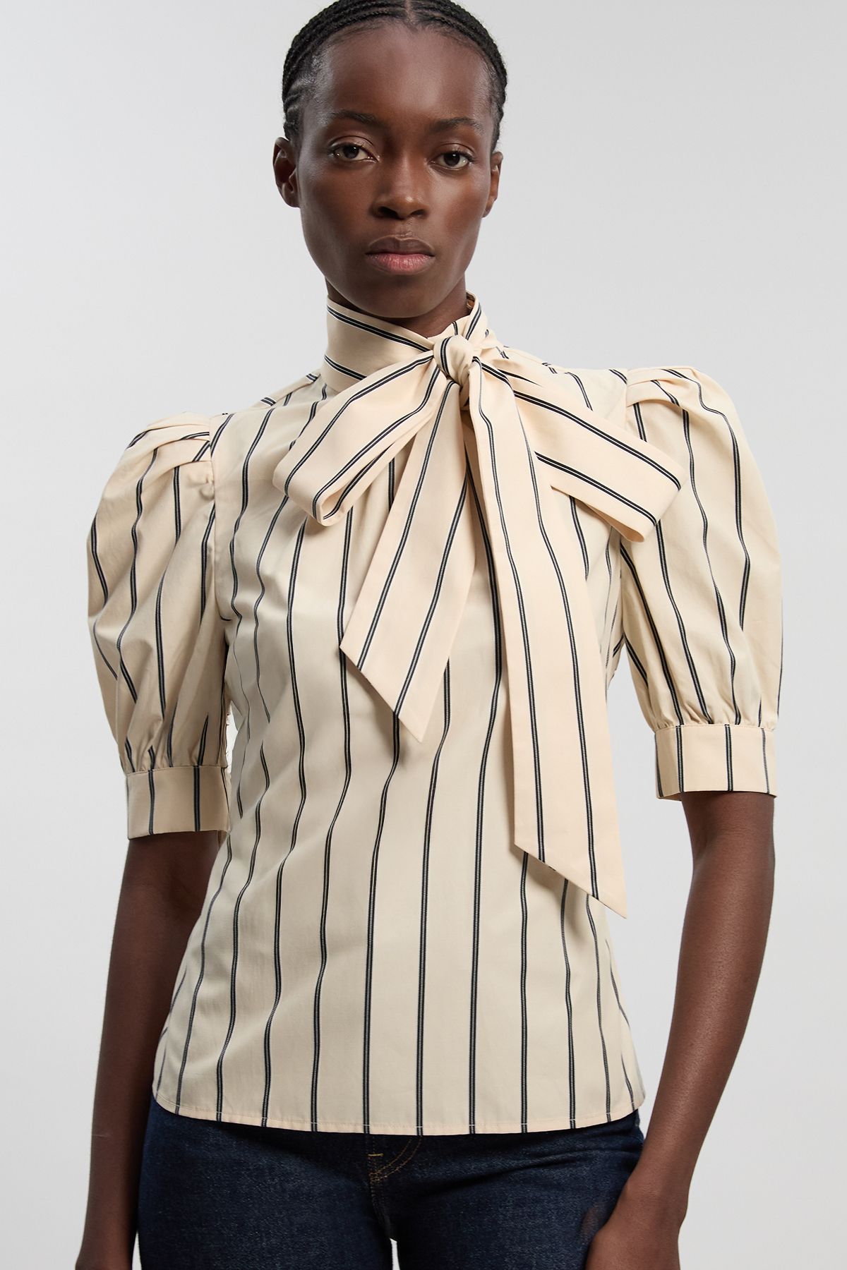 KarenMillen Mono Stripe Cotton Poplin Pussy Bow Puff Sleeve Woven Blouse