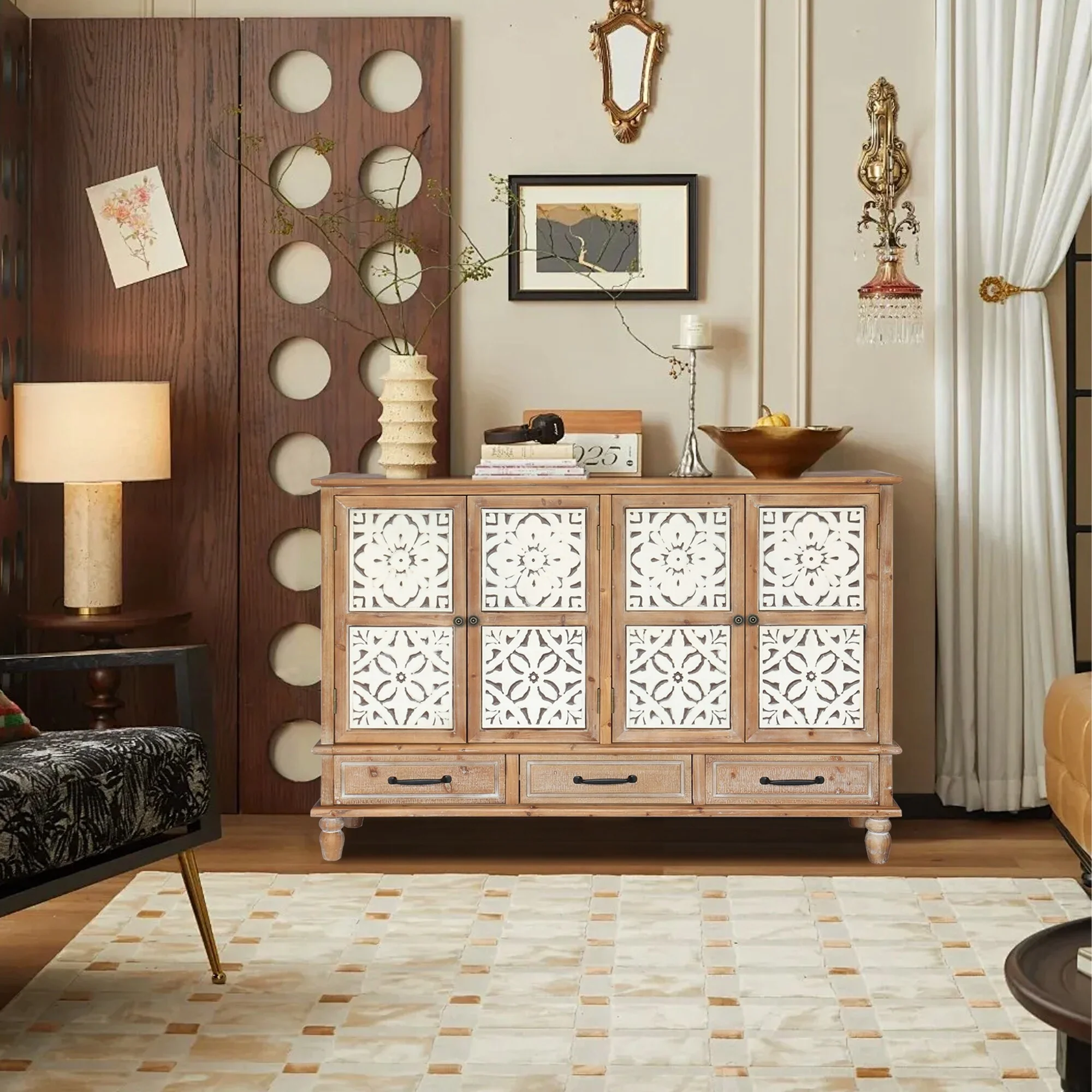 Rustic Accent Storage Cabinet with 3 Drawers & Adjustable Shelves, 4 Doors Sideboard Entryway Cabinet for Living Room Hallway