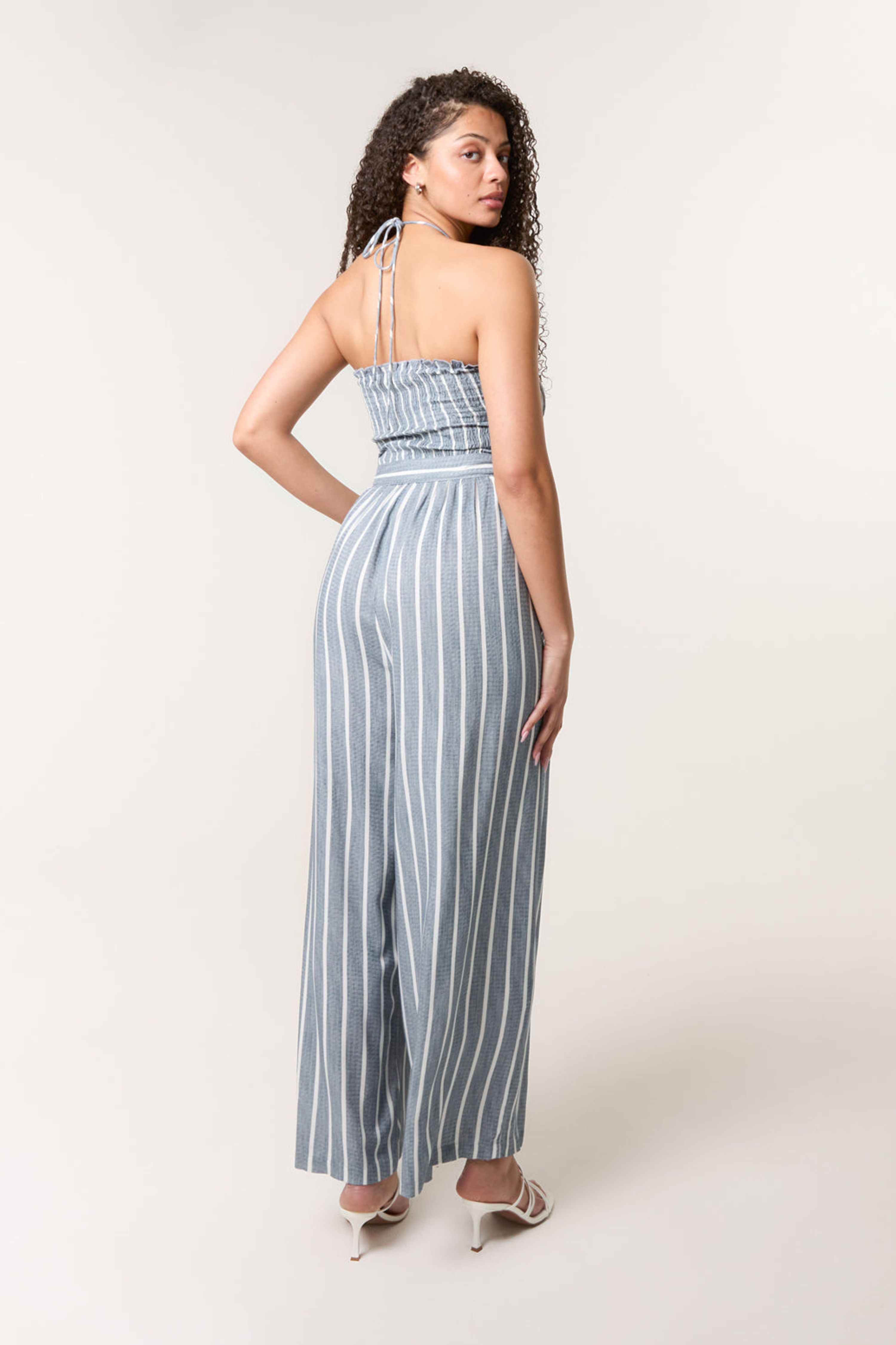 Blue Vanilla Blue Shirred Tie Neck Jumpsuit