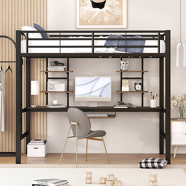 Lit Mezzanine 90x200 cm - Lit Ado avec Bureau Intégré et Espace de Rangement, Sans Matelas, en Métal et MDF, Noir