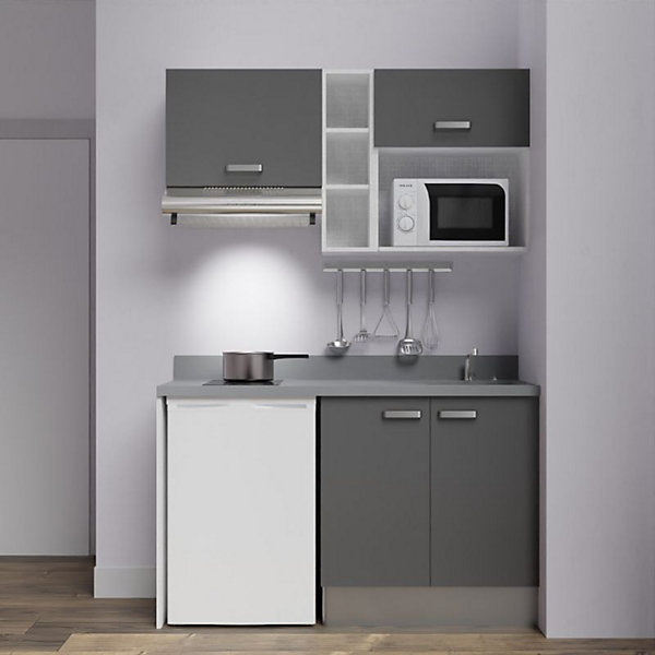 Kitchenette K13 - 140 cm - façades Gris - Plan monobloc en quartz coloris Cromo évier à droite