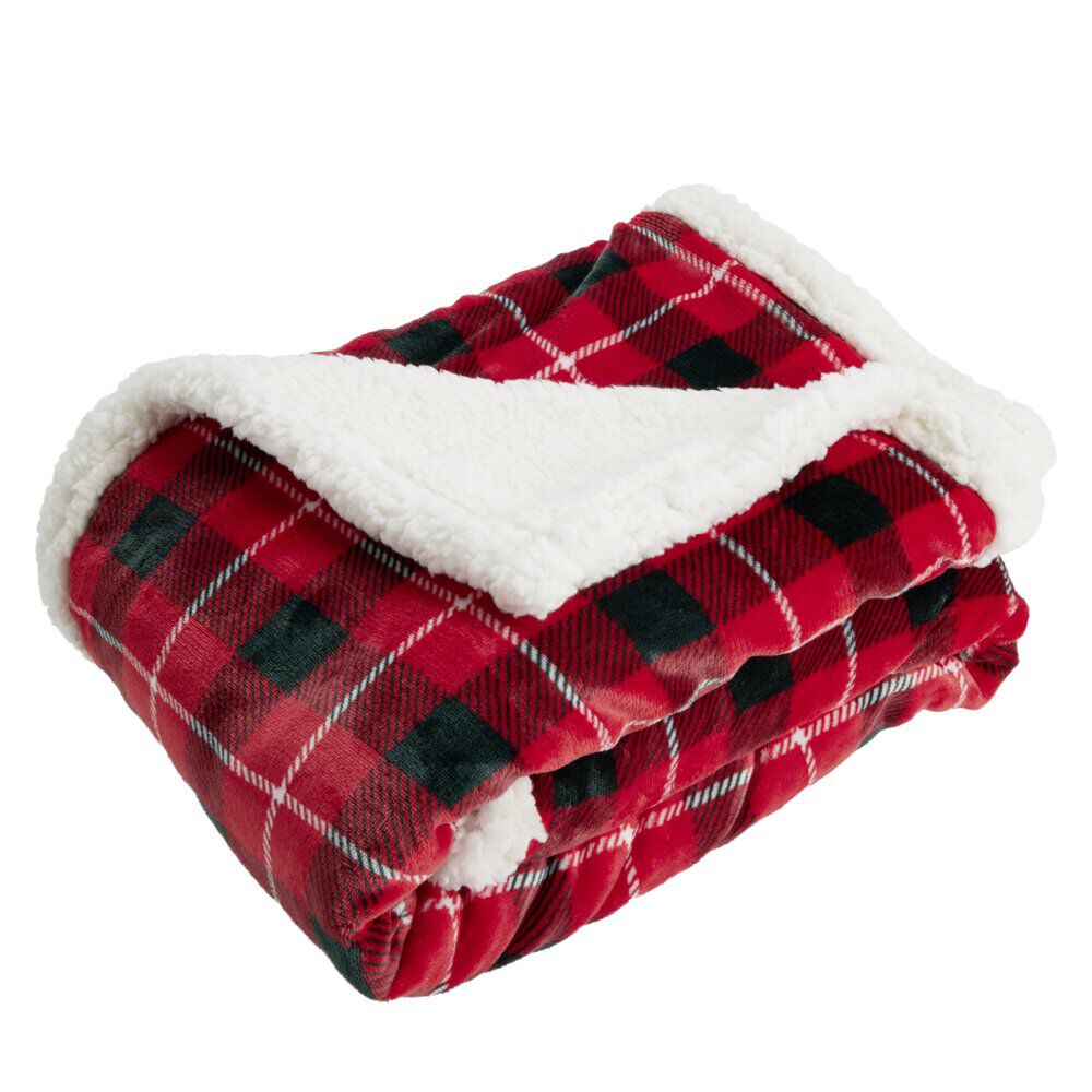 Plaid sherpa blanc motif tartan rouge 120x150cm