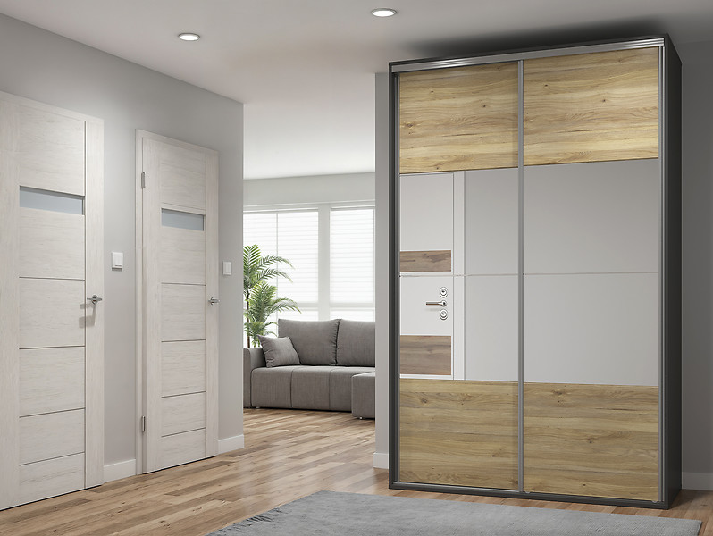 Szafa przesuwna Flex150 cm z lustrem grafit/dąb mauvella