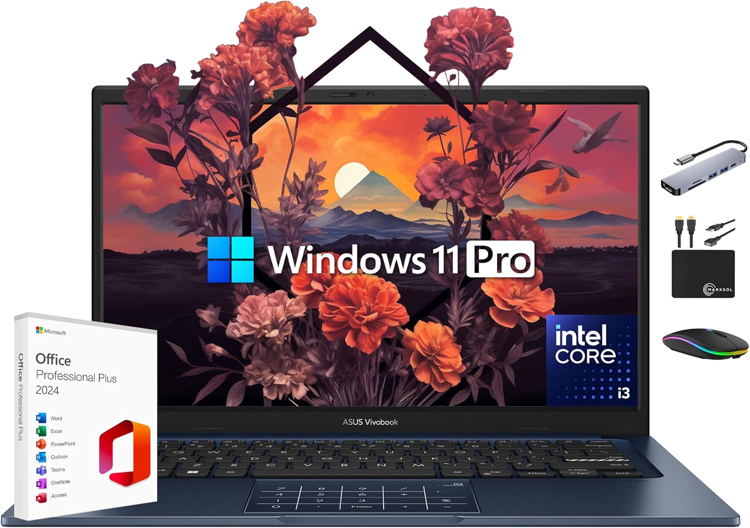 ASUS Vivobook Laptop 2025 Ultra Portable Business Computer  14 FHD Display  16GB RAM  1TB Storage (512GB SSD + 500GB Ext)  6-Core Intel i3-1315U  MarxsolAccessory  Win 11 Pro  Lifetime Office 2024