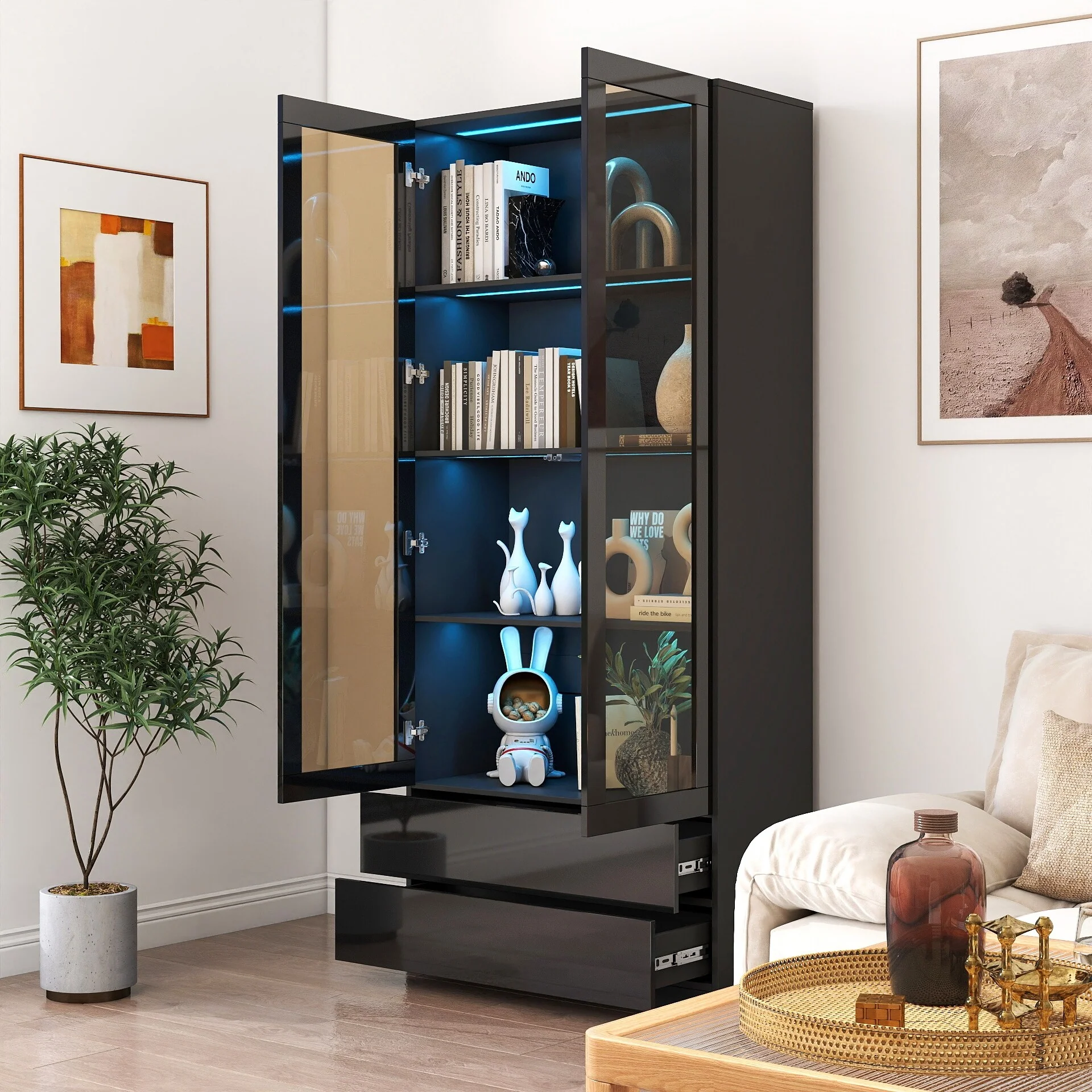LED Curio Display Cabinet with 2-Drawer, 70.87 Tall Double Glass Doors Bookcase, 4 Tier Display Case for Collectibles