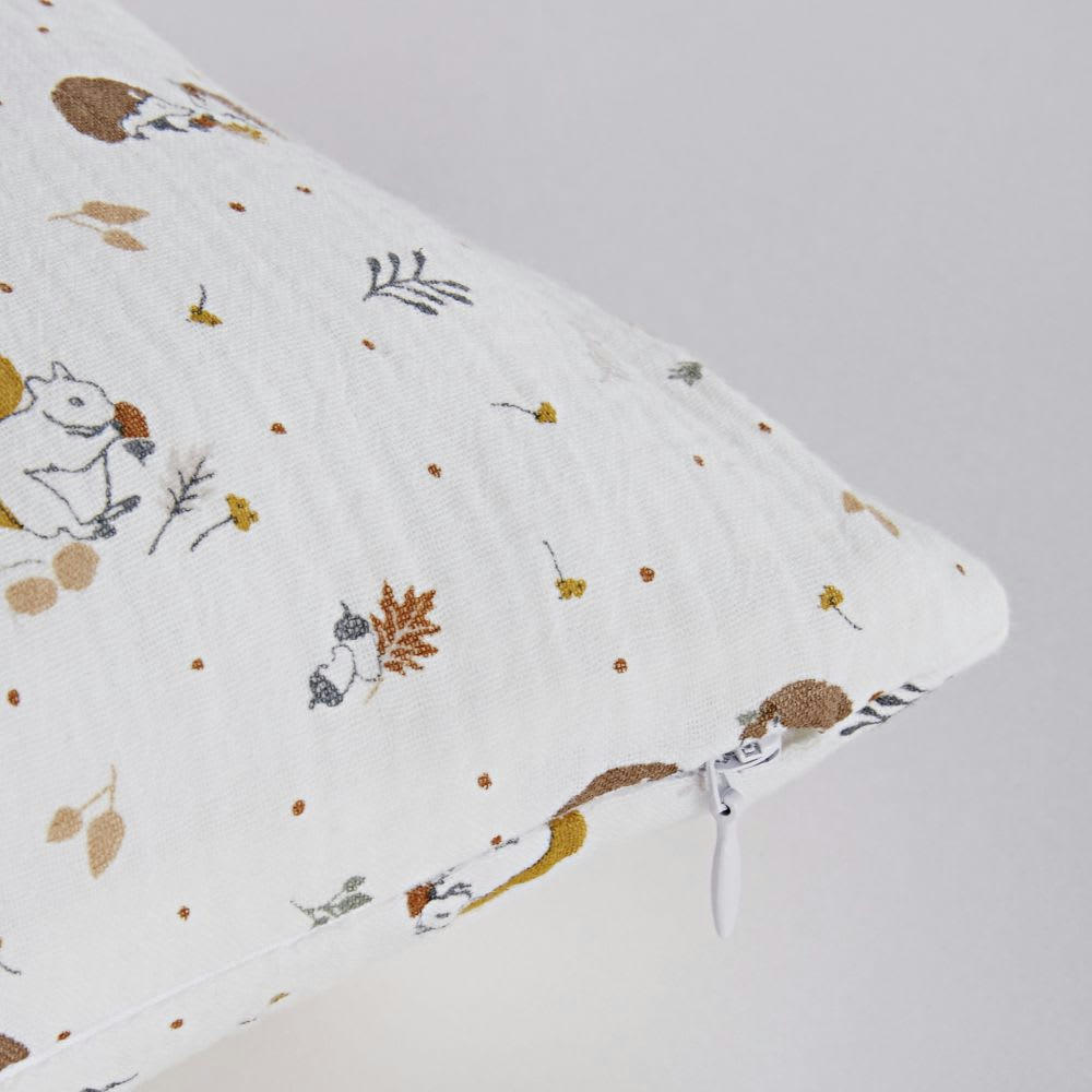 LITTLE FOREST - Coussin en gaze de coton bio écru imprimé animaux 25x40