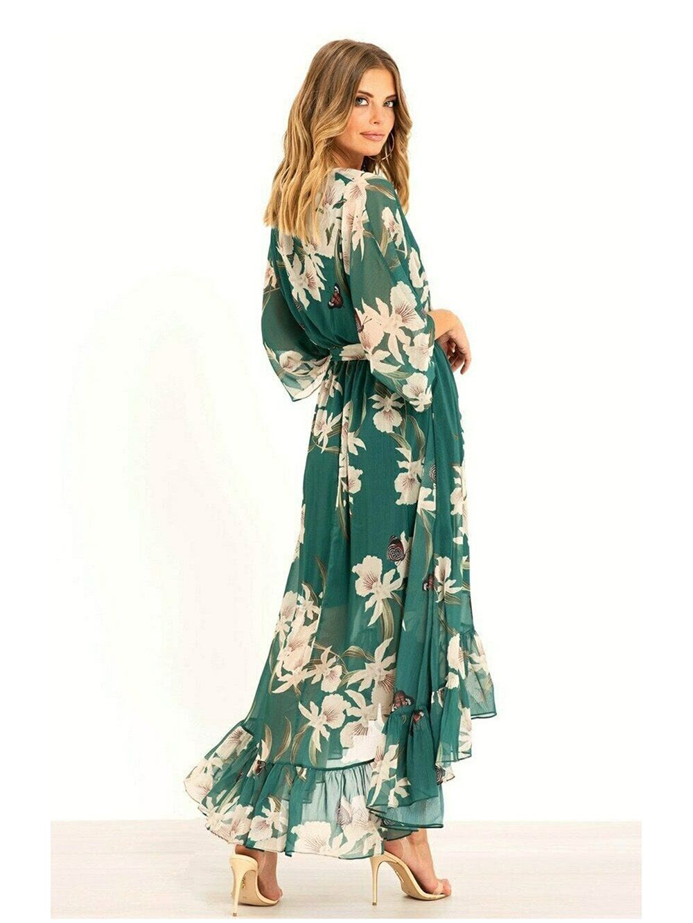 Yumi Green Floral Kimono Sleeves Dip Hem Wrap Midi Dress