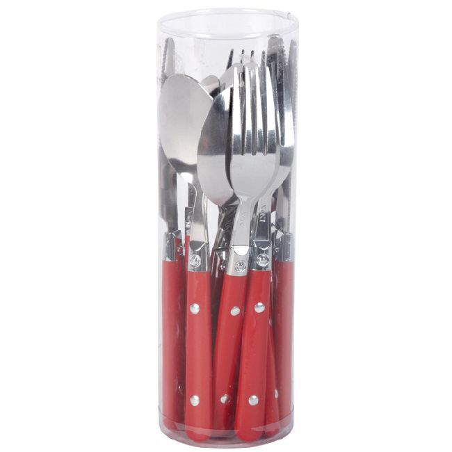 Ménagère 16 pièces inox manche plastique rouge