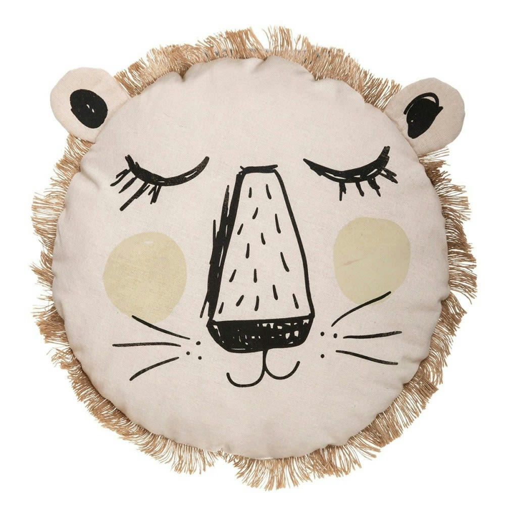 - Coussin rond lion franges D38cm