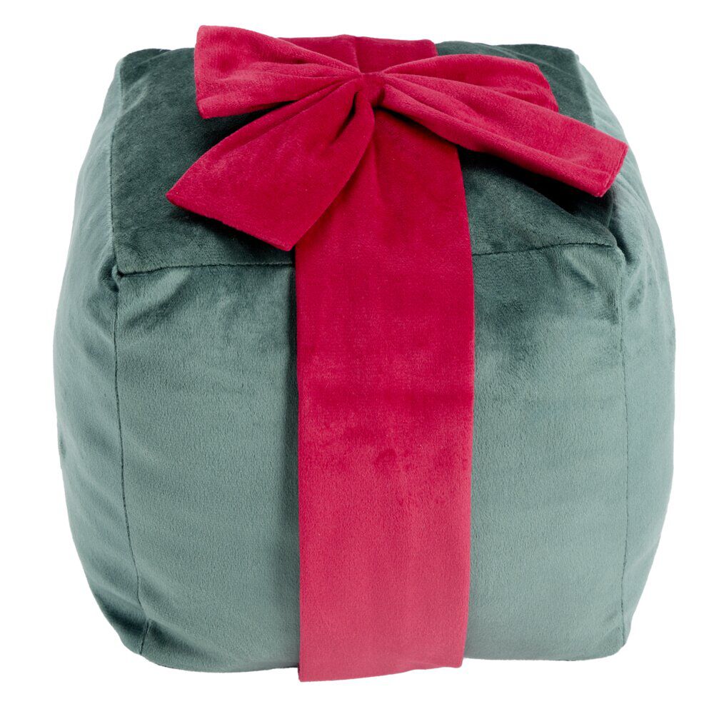 Coussin carré forme cadeau de No&euml;l ruban polyester L20X20XH20 cm (2 modèles vert ou rose)