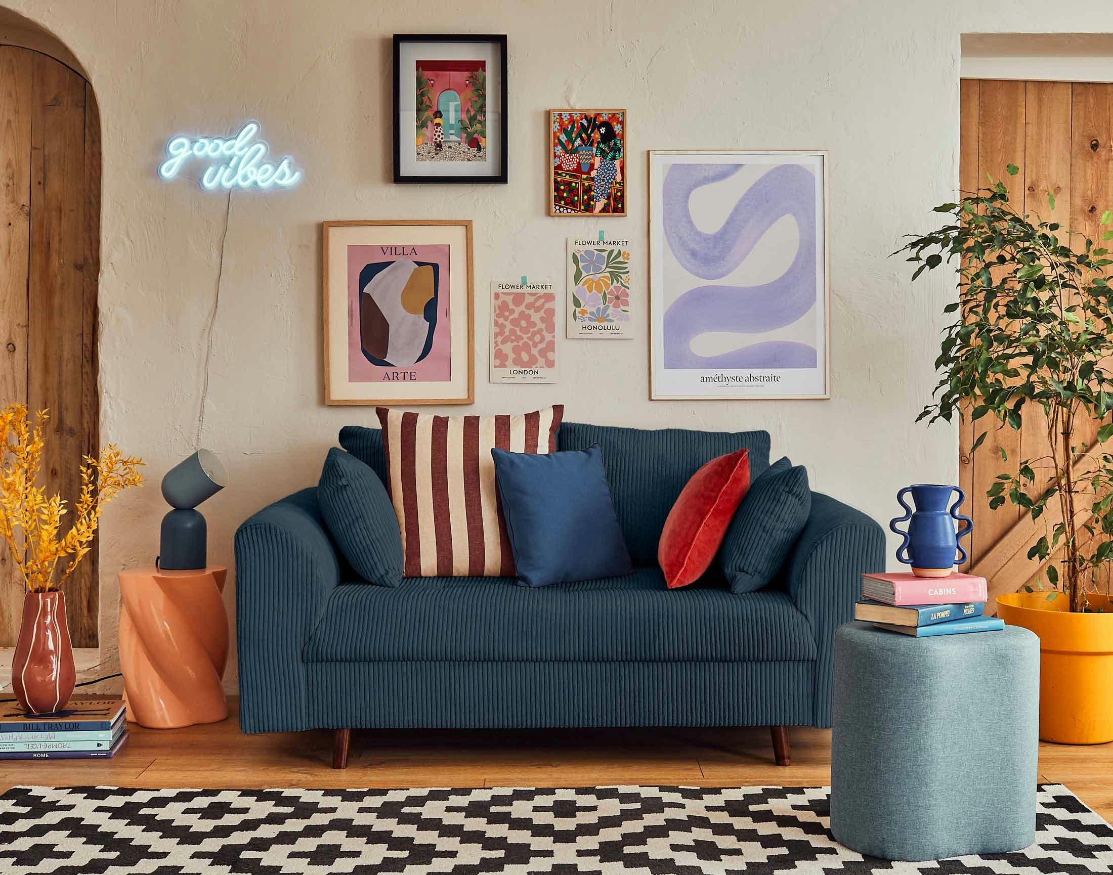 RUNE - Canapé droit 2 places en velours côtelé bleu nuit